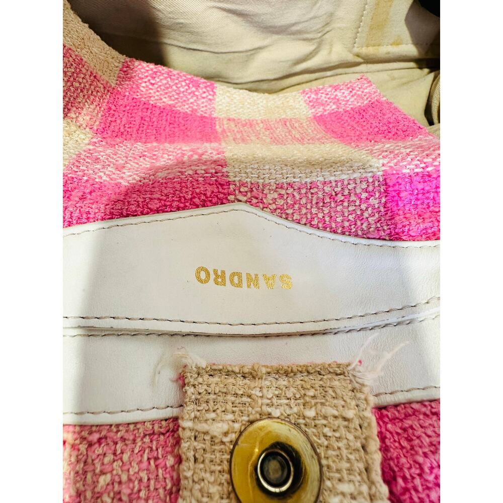 SANDRO Women's Beige Pink Rose Gingham Checkered Tote Bag - Picture 10 of 16